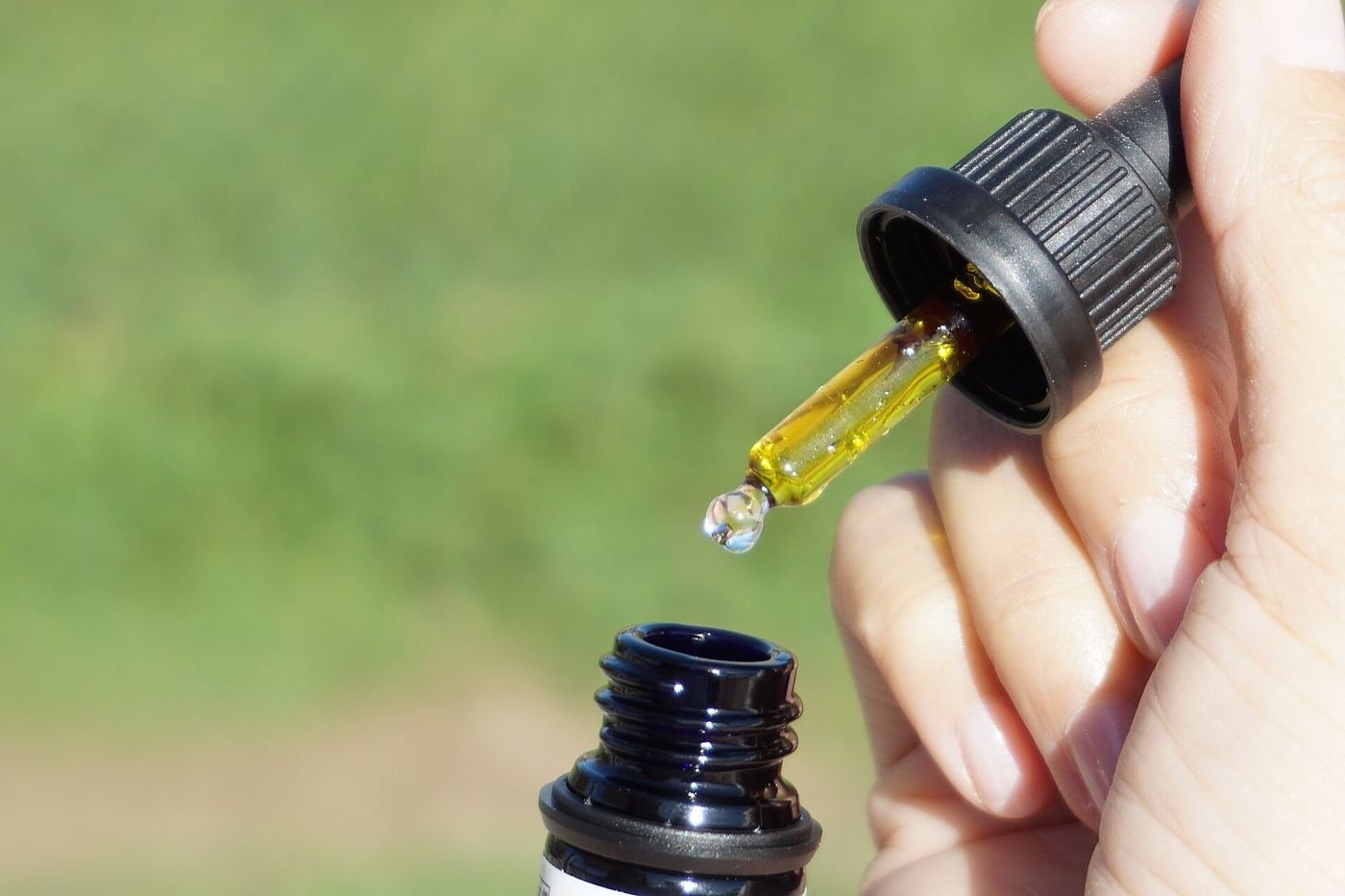 Une goutte d'huile de CBD au bout d'une pipette, flacon ambré ouvert