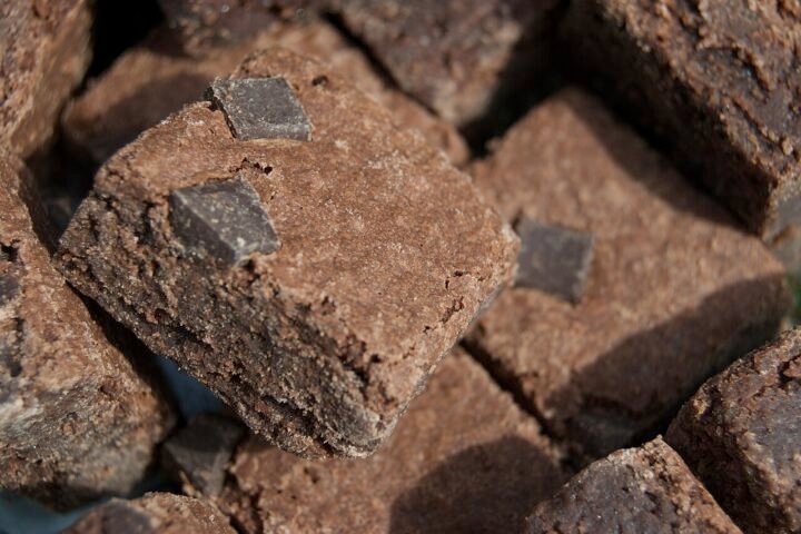 Brownies au chocolat coupés en carrés sur une plaque