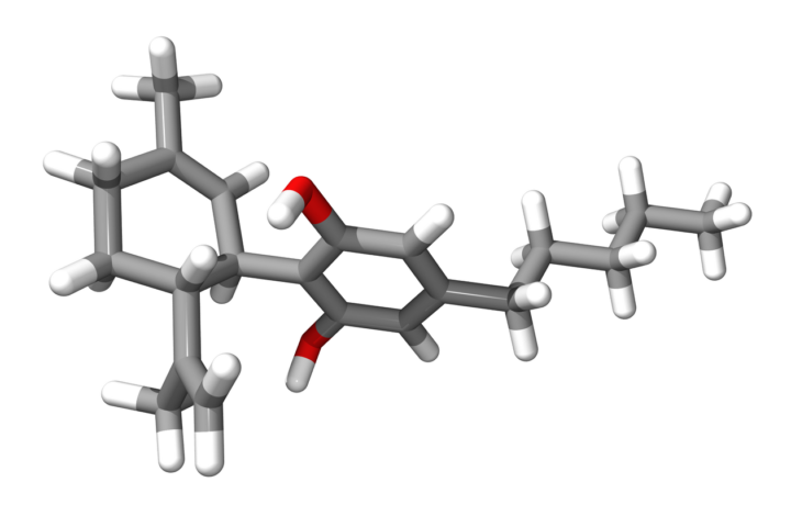 Modèle 3D de la molécule de cannabidiol, atomes en gris, rouge et blanc