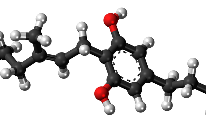 Modèle moléculaire en boules du cannabigérol, vue latérale