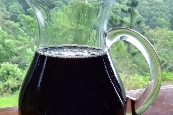 Carafe d'huile de graines de chanvre, vert foncé, à la lumière du jour
