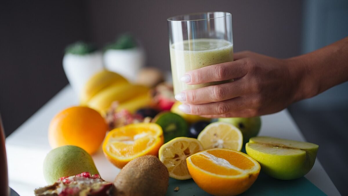 Préparation d'un smoothie aux fruits frais sur une table